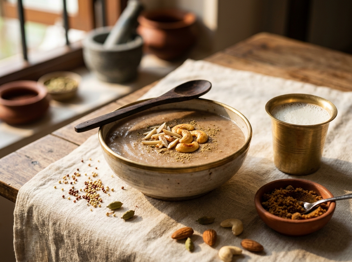 Warm bowl of Poorna Health Mix porridge with wooden spoon, milk, almonds and cashews